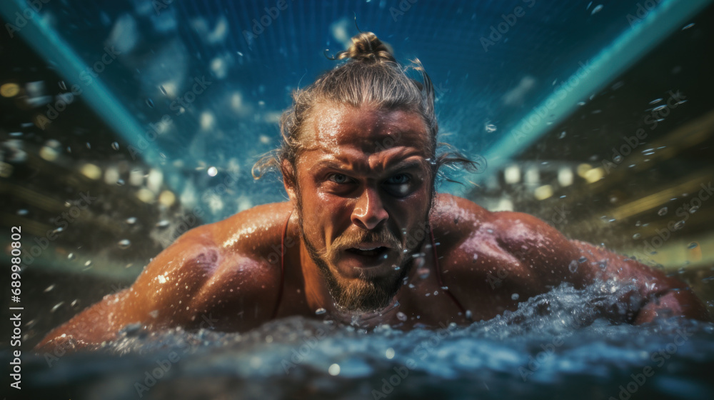 Portrait of a swimmer in the pool The action is packed with close-ups of swimmers immersed in the tense muscles of the water and athletic competition. - obrazy, fototapety, plakaty 