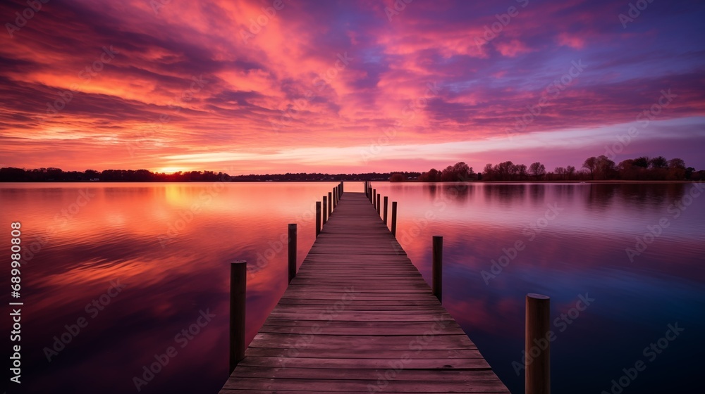 a serene lake at sunset with a big wooden dock extending into the water