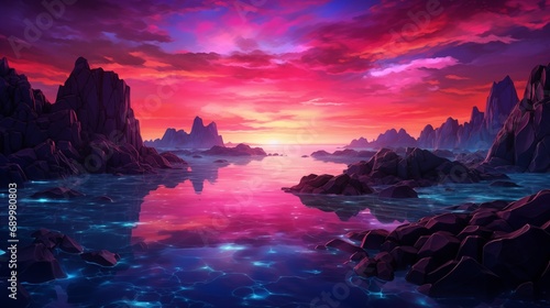  A vivid and surreal sunset over a mythical seascape  the sky ablaze with unreal colors  floating rocks in the iridescent water