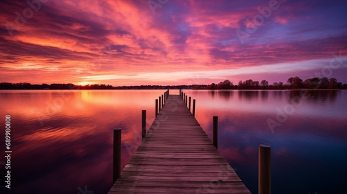 a serene lake at sunset with a big wooden dock extending into the water