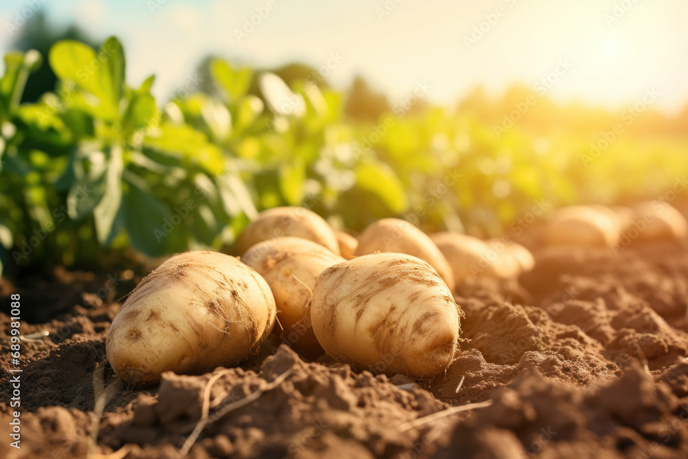Close-up of freshly dug potatoes in the field soil at sunset, Picking potatoes on the field, healthy organic produce. Close-up of freshly dug potatoes in the field soil at sunset, Picking potatoes on the field, healthy organic produce.