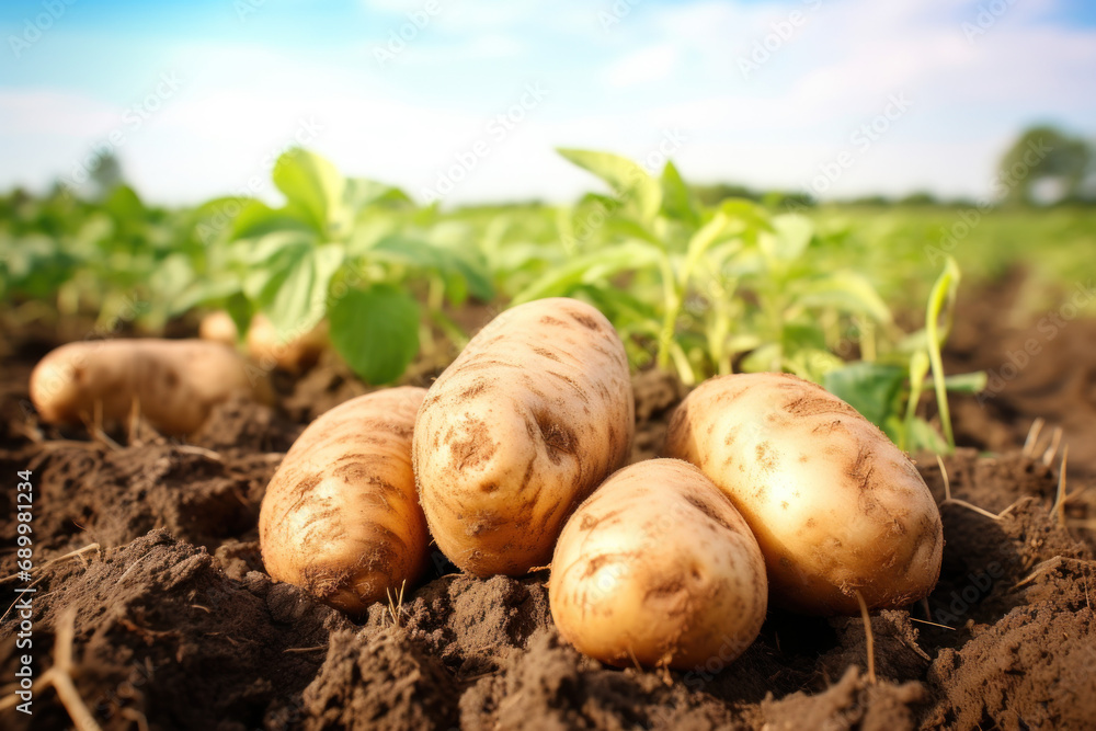 Close-up of freshly dug potatoes in the field soil at sunset, Picking potatoes on the field, healthy organic produce. Close-up of freshly dug potatoes in the field soil at sunset, Picking potatoes on the field, healthy organic produce.