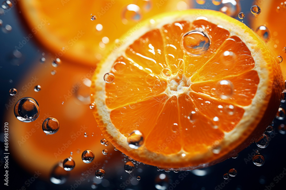 Generative AI illustration of healthy oranges dipping into juice Generative AI illustration of healthy oranges dipping into juice