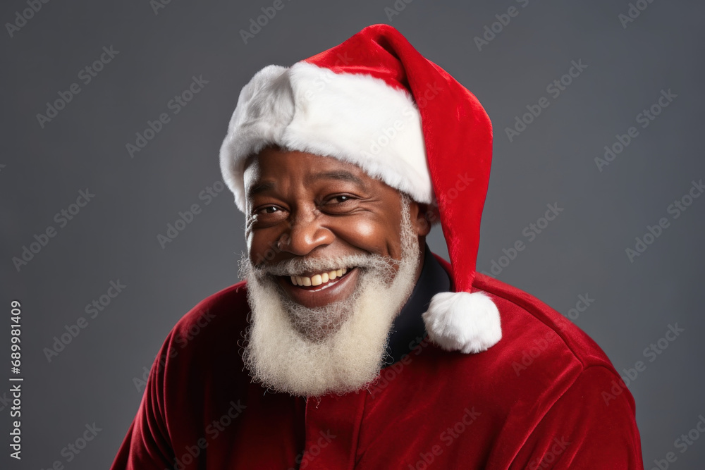 African American Santa Claus in red costume Happy smiley and Christmas hat isolated on black background. Happy New Year, Merry Christmas concept. African American Santa Claus in red costume Happy smiley and Christmas hat isolated on black background. Happy New Year, Merry Christmas concept.