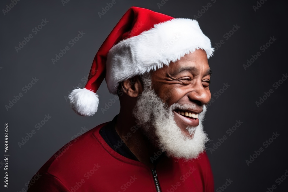 African American Santa Claus in red costume Happy smiley and Christmas hat isolated on black background. Happy New Year, Merry Christmas concept. African American Santa Claus in red costume Happy smiley and Christmas hat isolated on black background. Happy New Year, Merry Christmas concept.