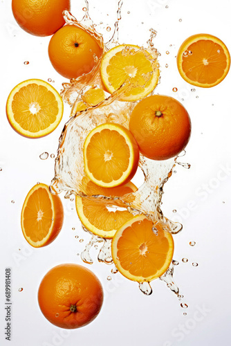 Generative AI illustration of healthy oranges dipping into juice