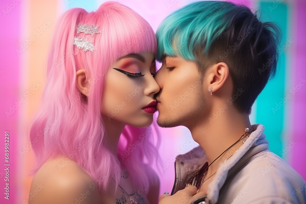 Portrait of a young kawaii style couple kissing with tropical turquoise and pink colors