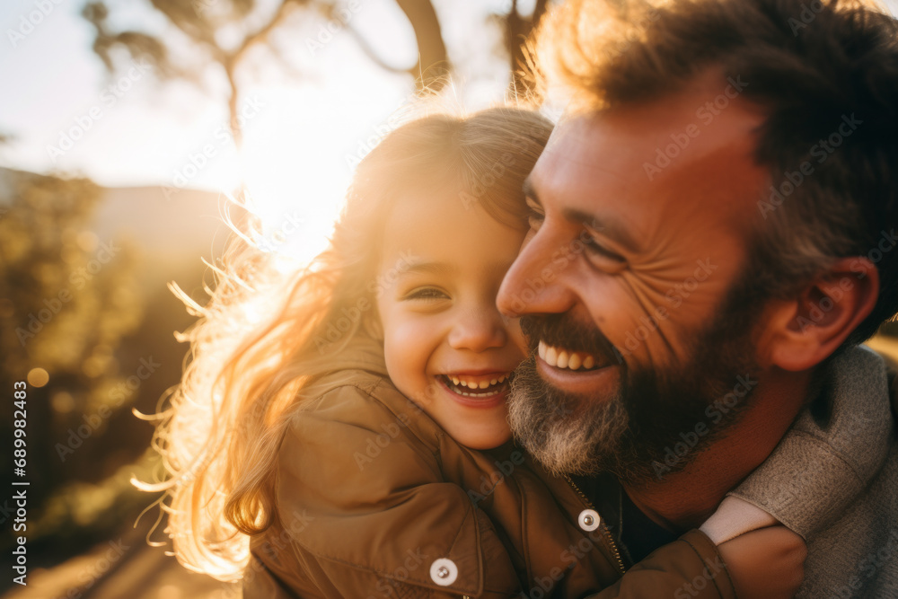 Happy family with young girl hugging her dad with smile and laughs , father daughter relationship concept image Happy family with young girl hugging her dad with smile and laughs , father daughter relationship concept image
