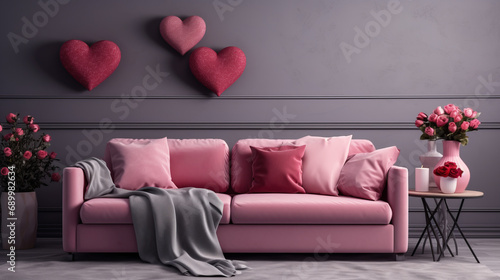 Interior of living room with sofa and decor for Valentine's Day with pink and red hearts and copy space background photo