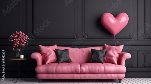 Interior of living room with sofa and decor for Valentine's Day with pink and red hearts and copy space background