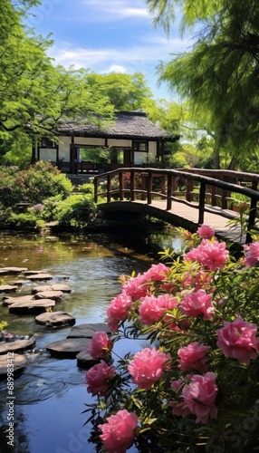 A picturesque bridge crossing a calm pond at Tranquil Haven Retreat  surrounded by blooming flowers and the gentle rustling of leaves.