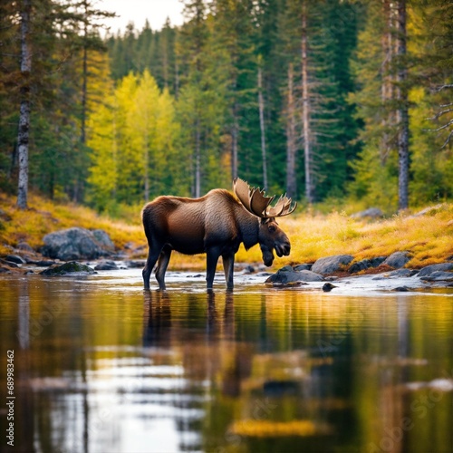 soo sweet Moose in the Sweden forest near a small river, colorful scene, 8k, highest resolution, perfect view © Muhammad
