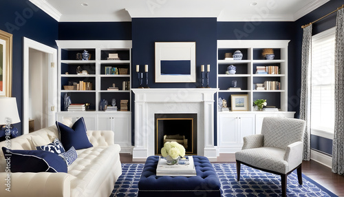 luxury blue beautiful living room with trim and fireplace photo