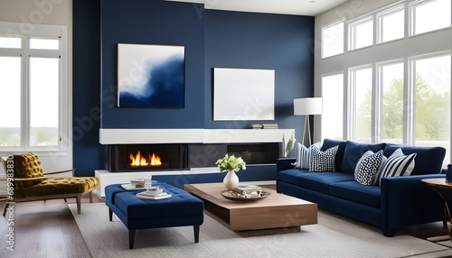 luxury blue beautiful living room with trim and fireplace photo