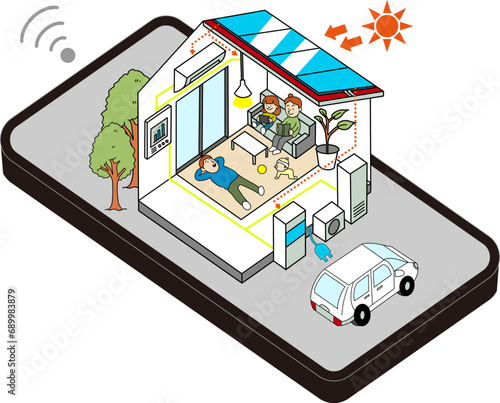 ZEH住宅・エコ住宅・省エネ住宅をスマートフォンで管理するイメージイラスト