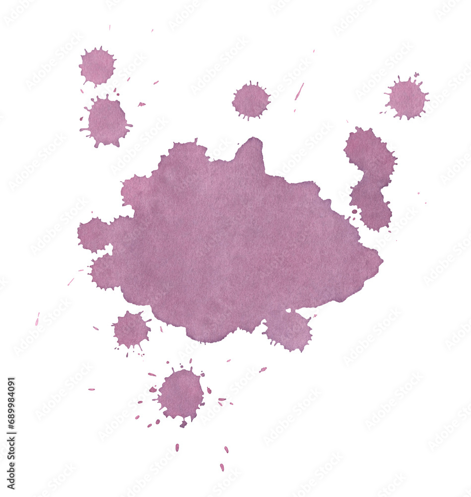 Large and small wine stains on a white background, painted with wine. A decorative element for design and decoration. A set of stains and splashes. Spilled liquid, wine, abstract background.