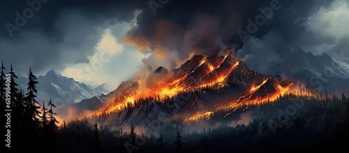 Mountain range fire, smoldering forest. © 2rogan