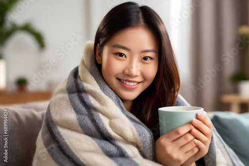毛布にくるまって部屋でホットコーヒーを飲む若い女性