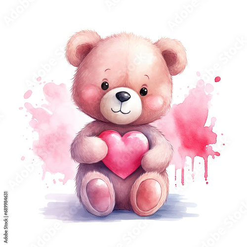 Cute watercolor style bear with heart valentine gift card design isolated on transparent background