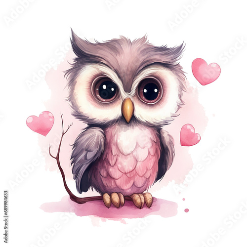 Cute watercolor style owl surrounded with hearts valentine gift card design isolated on transparent background