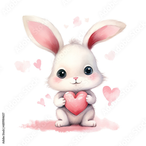 Cute watercolor style bunny rabbit with heart valentine gift card design isolated on transparent background
