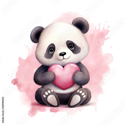 Cute watercolor style panda with heart valentine gift card design isolated on transparent background