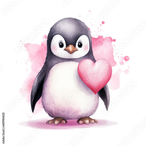 Cute watercolor style penguin with heart valentine gift card design isolated on transparent background