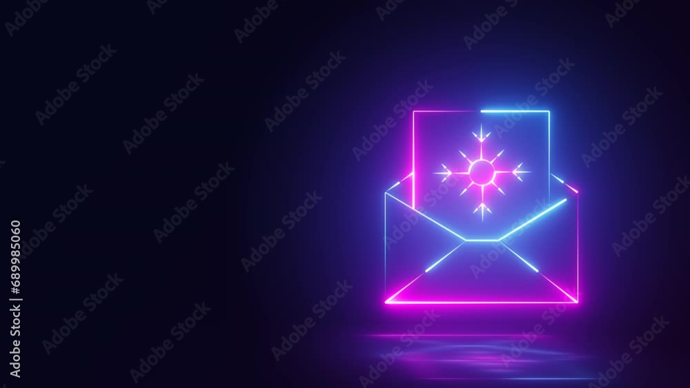 glowing neon snowflake with envelope sign animation on dark background glowing neon snowflake with envelope sign animation on dark background