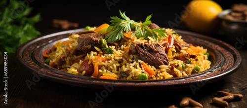 Traditional Uzbek pilaf, a hot dish with lamb, rice, vegetables, and spices, served on a plate with oriental patterns.