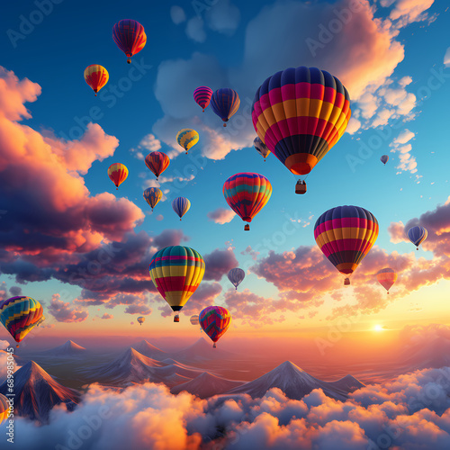 A cluster of hot air balloons against a sunrise sky.