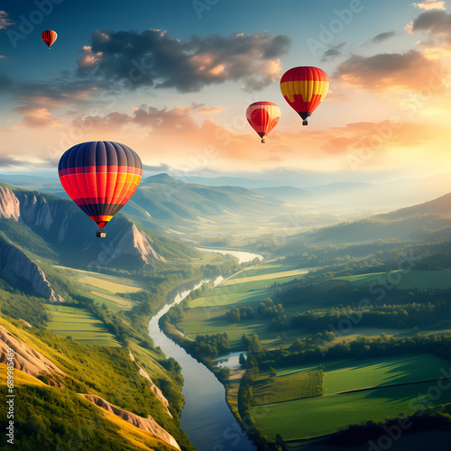 A cluster of hot air balloons over rolling hills.