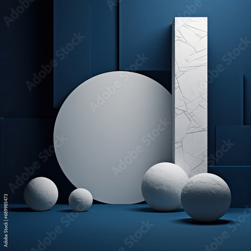 Beautiful 3D blue background with abstract geometric shapes and stone. Mockup, template to present your product