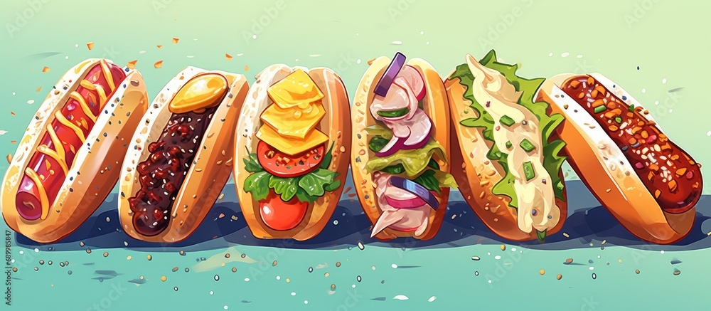 Various hot dogs with condiments on paper Various hot dogs with condiments on paper