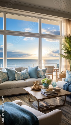 A wide-angle view of Coastal Serenity Suite's living area, featuring comfortable furnishings and large windows that showcase the expansive coastal landscape. © Rafia