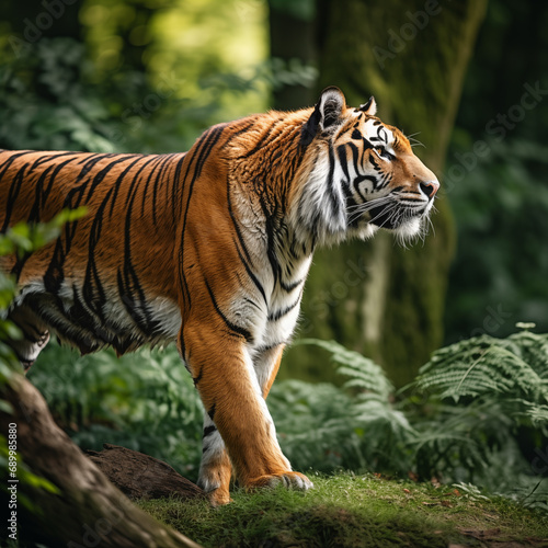 A wild tiger looking into  jungle safari royal wild cat