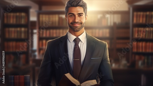 Portrait of a confident lawyer smiling at the camera, with law books and a courtroom in the background. photo