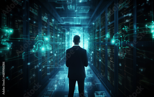 Futuristic Concept: Data Center Chief Technology Man Holding Laptop, Standing In Warehouse, Information Digitalization Lines Streaming Through Servers. SAAS, Cloud Computing, Online Service