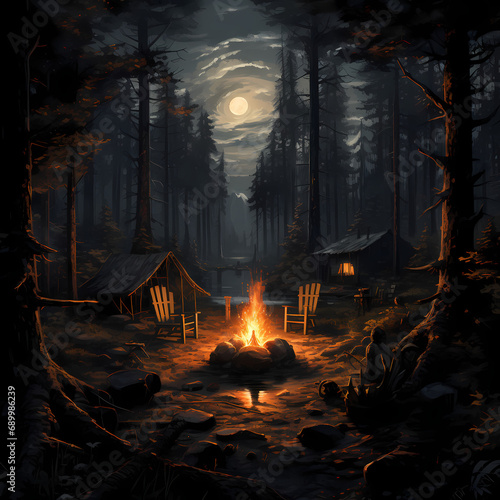 A cozy campfire in the middle of a forest clearing