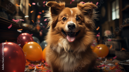 Cute dog in the party hat. Concept of a party time and celebration of Birthday or a New year