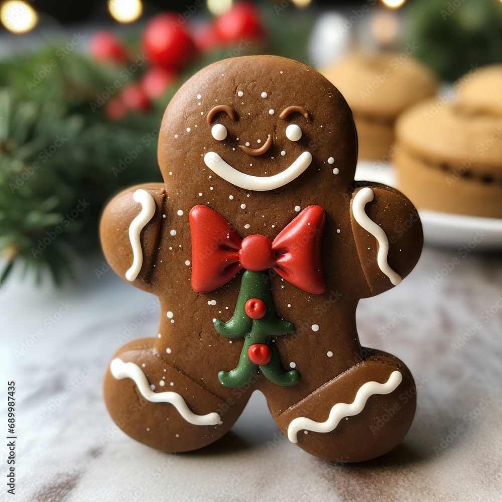 Gingerbread man with a smile and a red bow tie, Generative AI Gingerbread man with a smile and a red bow tie, Generative AI