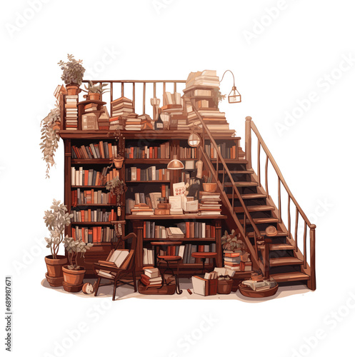 A wooden house with bookshelves