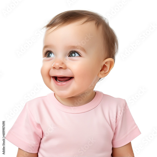 A small child stands and smiles on a white background