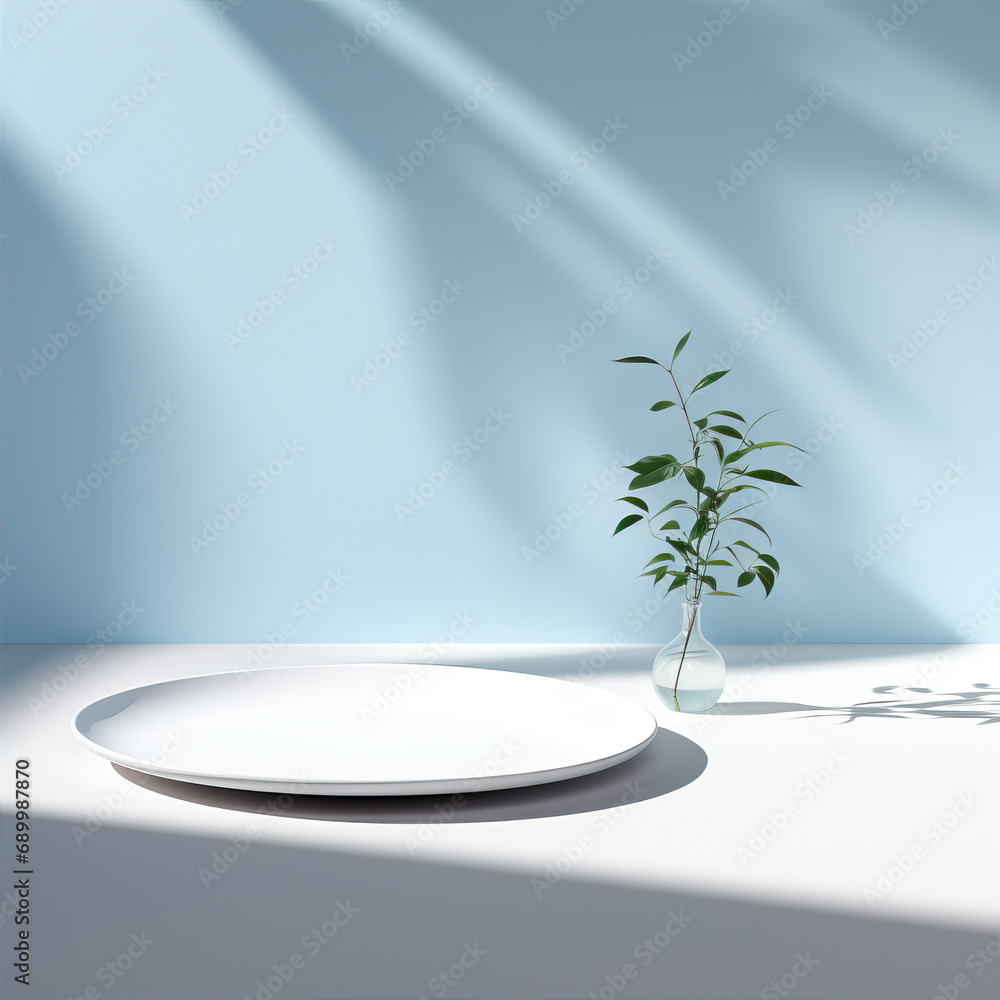 Beautiful 3D background stand on which sunlight falls and a branch nearby. Mockup, template to present your product Beautiful 3D background stand on which sunlight falls and a branch nearby. Mockup, template to present your product