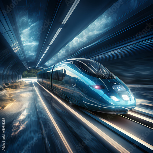 A futuristic high-speed train speeding through a tunnel.