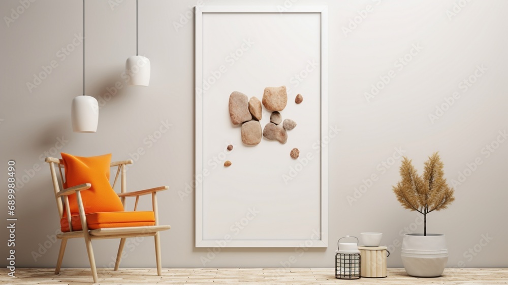 3D Mockup poster empty Blank Frame, hanging on an energetic abstract wall adorned with stones, dry fruits, a vase, and a chair, above a lively modern display room
