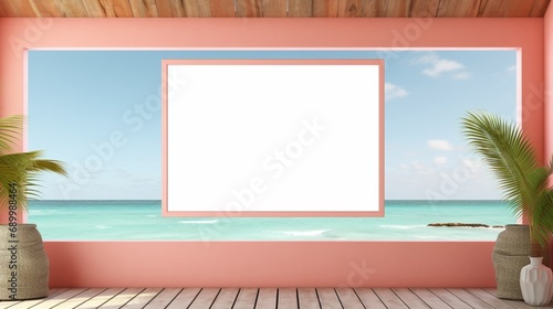 3D Mockup poster empty Blank Frame, hanging on a coral-colored wall, above a summer beach house-themed display room