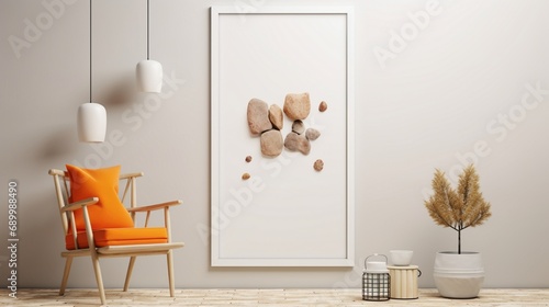 Obraz na płótnie 3D Mockup poster empty Blank Frame, hanging on an energetic abstract wall adorned with stones, dry fruits, a vase, and a chair, above a lively modern display room w salonie