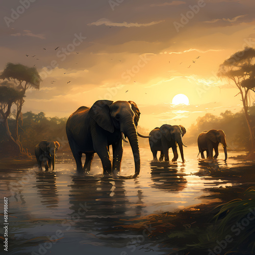 A group of elephants crossing a serene river.