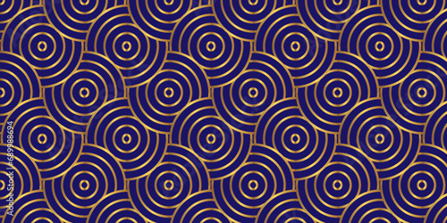 Modern diamond wave line geometric ocean spiral pattern circle. gold and blue lines seamless stripe geomatics overlapping create retro square line backdrop pattern background. Overlapping Pattern.