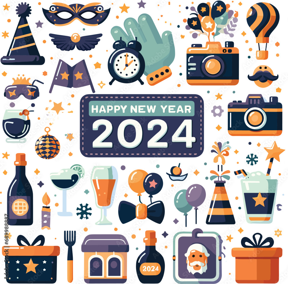 Set of happy new year party 2024 flat vector stickers, illustrations Set of happy new year party 2024 flat vector stickers, illustrations